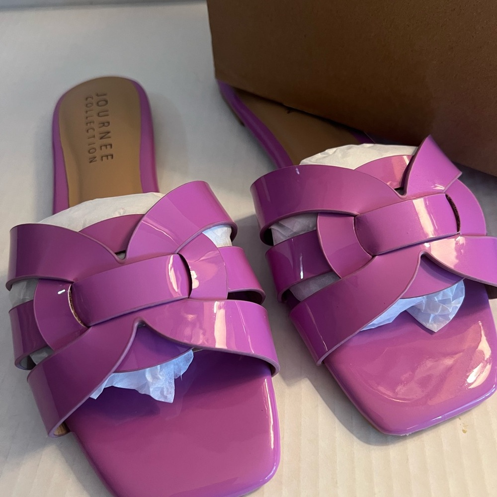 purple patent leather slides